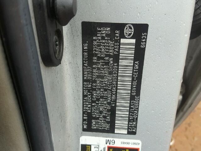 4T1BK46K58U563094 - 2008 TOYOTA CAMRY LE ვერცხლისფერი ფოტო 10