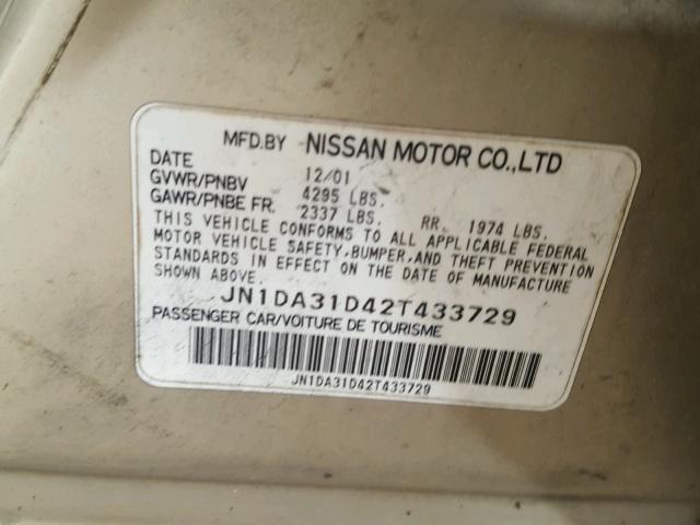 JN1DA31D42T433729 - 2002 NISSAN MAXIMA BEIGE photo 10