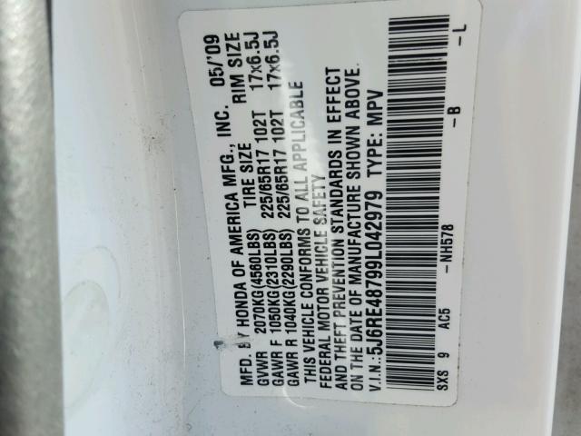 5J6RE48799L042979 - 2009 HONDA CR-V EXL 银色 照片 10