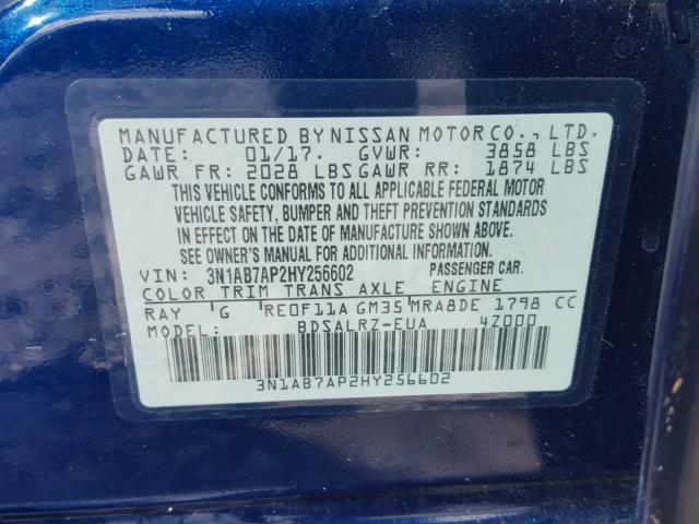 3N1AB7AP2HY256602 - 2017 NISSAN SENTRA BLUE photo 10