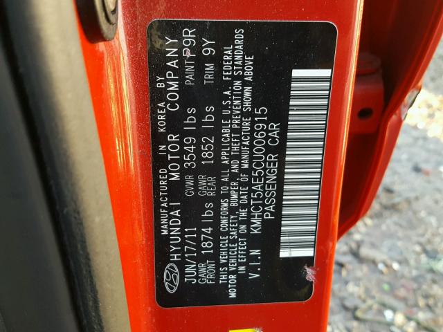 KMHCT5AE5CU006915 - 2012 HYUNDAI ACCENT GLS RED photo 10