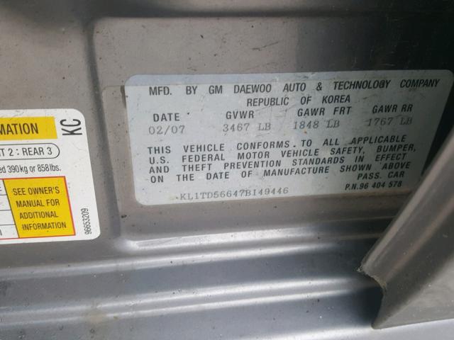 KL1TD56647B149446 - 2007 CHEVROLET AVEO BASE Szary zdjęcie 10