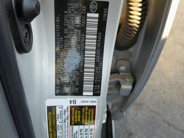 4T1BK36B87U207649 - 2007 TOYOTA AVALON XL SILVER photo 10