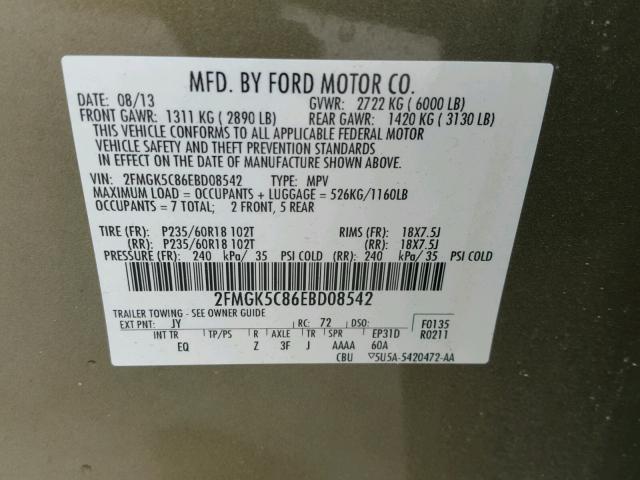 2FMGK5C86EBD08542 - 2014 FORD FLEX SEL GREEN photo 10