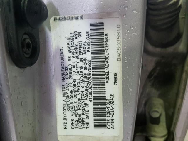 4T1BE32K02U575622 - 2002 TOYOTA CAMRY SILVER photo 10