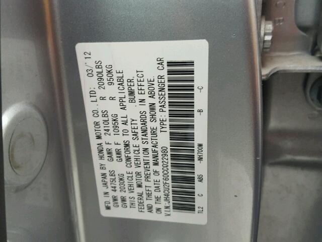 JH4CU2F60CC022980 - 2012 ACURA TSX TECH SILVER photo 10