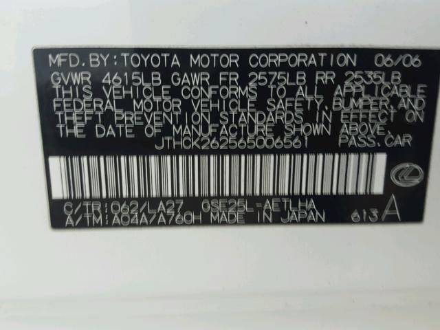 JTHCK262565006561 - 2006 LEXUS IS 250 WHITE photo 10