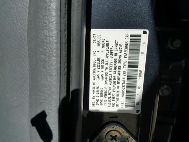 1HGCM56377A171219 - 2007 HONDA ACCORD SE GRAY photo 10