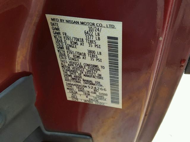 1N6AA06A16N524266 - 2006 NISSAN TITAN XE BURGUNDY photo 10