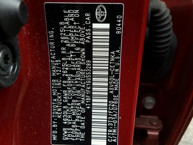 4T1BF1FK1GU553289 - 2016 TOYOTA CAMRY LE RED photo 10