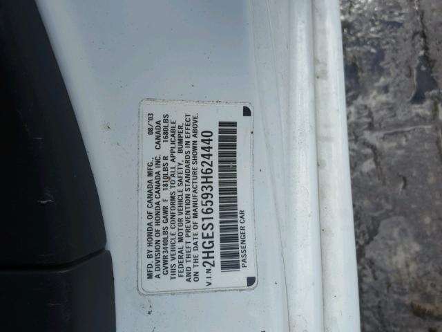 2HGES16593H624440 - 2003 HONDA CIVIC WHITE photo 10