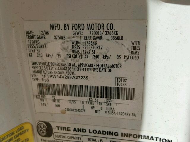 1FTPW14V29FA27235 - 2009 FORD F150 SUPER WHITE photo 10