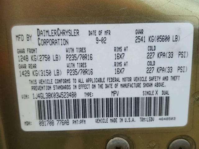 1J4GL38K03W523480 - 2003 JEEP LIBERTY RE GREEN photo 10