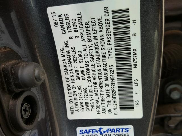 2HGFB2F92FH542275 - 2015 HONDA CIVIC EXL 灰色 照片 10