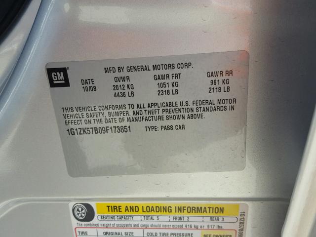 1G1ZK57B09F173851 - 2009 CHEVROLET MALIBU ვერცხლისფერი ფოტო 10