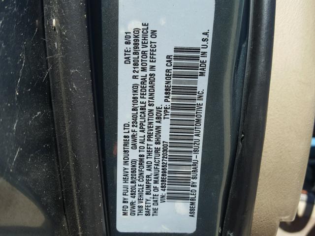 4S3BE896527203007 - 2002 SUBARU LEGACY OUT GREEN photo 10