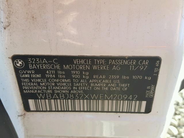 WBABJ832XWEM20942 - 1998 BMW 323 IC AUT WHITE photo 10