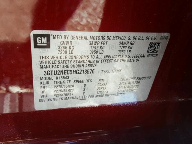 3GTU2NEC5HG213576 - 2017 GMC SIERRA MAROON photo 10