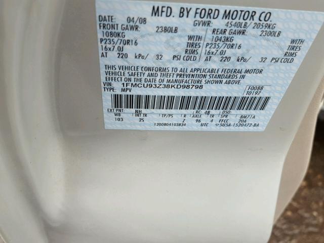 1FMCU93Z38KD98798 - 2008 FORD ESCAPE XLT CREAM photo 10