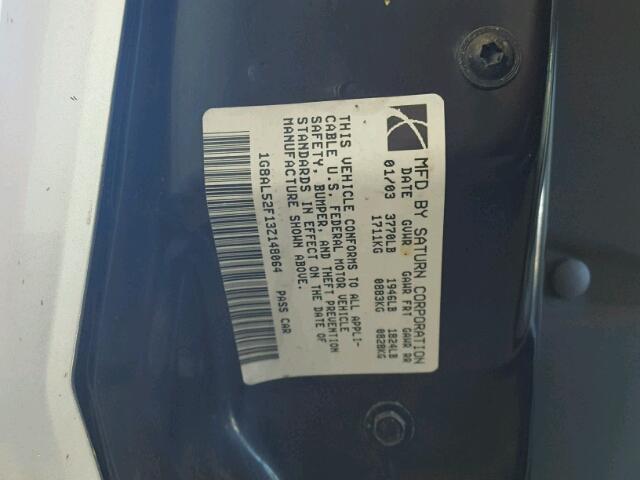 1G8AL52F13Z148064 - 2003 SATURN ION LEVEL SILVER photo 10