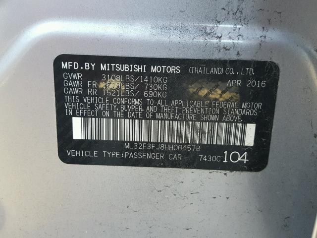 ML32F3FJ8HH004578 - 2017 MITSUBISHI MIRAGE G4 SILVER photo 10