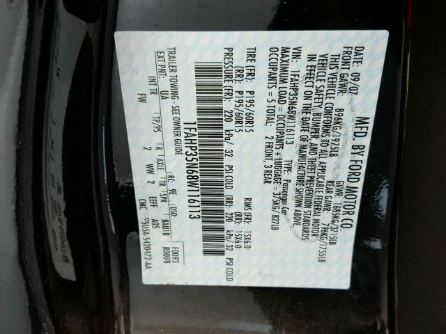 1FAHP35N68W116113 - 2008 FORD FOCUS BLACK photo 10