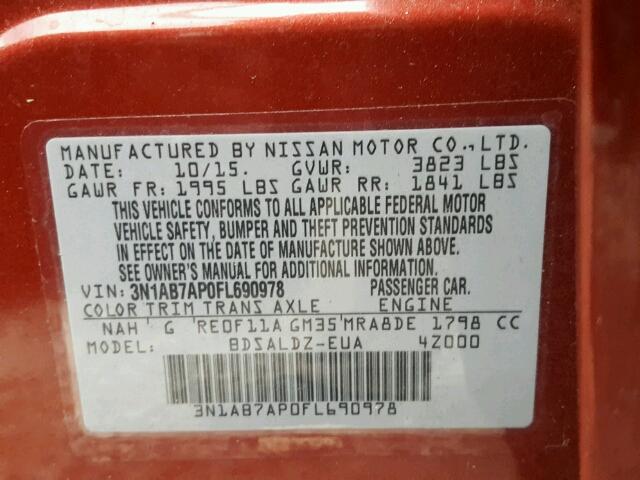 3N1AB7AP0FL690978 - 2015 NISSAN SENTRA S RED photo 10