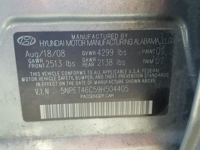 5NPET46C59H504405 - 2009 HYUNDAI SONATA GLS GRAY photo 10