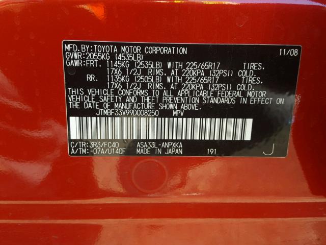 JTMBF33V99D008250 - 2009 TOYOTA RAV4 RED photo 10