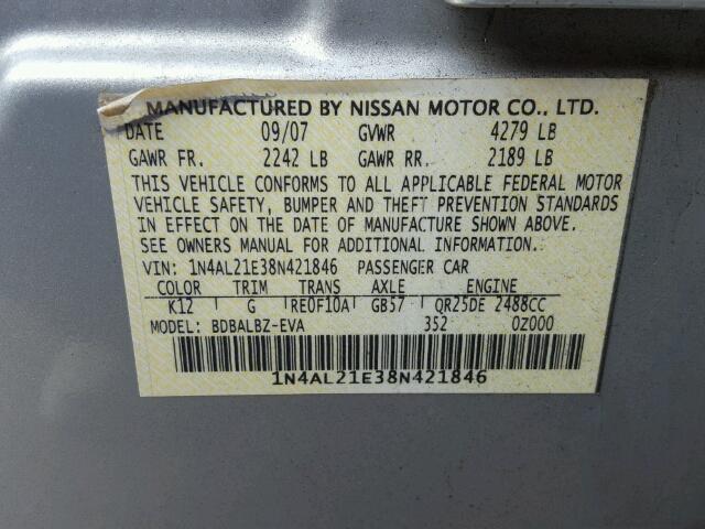 1N4AL21E38N421846 - 2008 NISSAN ALTIMA 2.5 SILVER photo 10