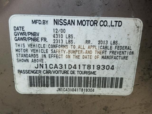 JN1CA31D41T819304 - 2001 NISSAN MAXIMA GXE GRAY photo 10