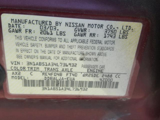 3N1AB51A34L736932 - 2004 NISSAN SENTRA 2.5 RED photo 10