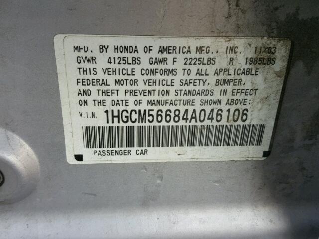 1HGCM56684A046106 - 2004 HONDA ACCORD SILVER photo 10