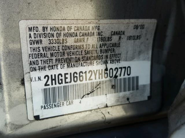 2HGEJ6612YH602770 - 2000 HONDA CIVIC BASE SILVER photo 10