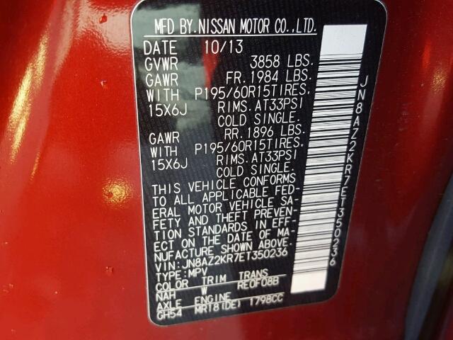 JN8AZ2KR7ET350236 - 2014 NISSAN CUBE S RED photo 10