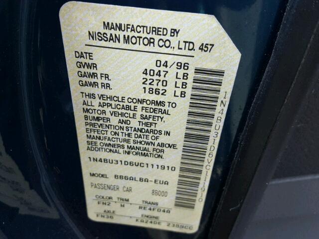 1N4BU31D6VC111910 - 1997 NISSAN ALTIMA XE BLUE photo 10