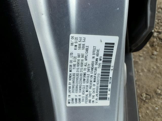 JHLRD68816C027310 - 2006 HONDA CR-V EX SILVER photo 10