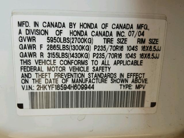 2HKYF18594H609944 - 2004 HONDA PILOT EXL WHITE photo 10