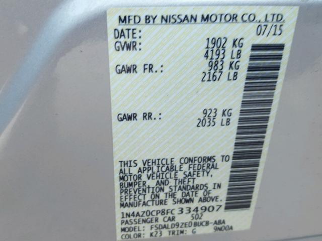 1N4AZ0CP8FC334907 - 2015 NISSAN LEAF S SILVER photo 10