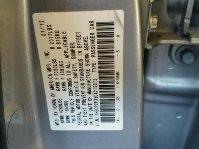 1HGCP2F35CA215072 - 2012 HONDA ACCORD LX SILVER photo 10