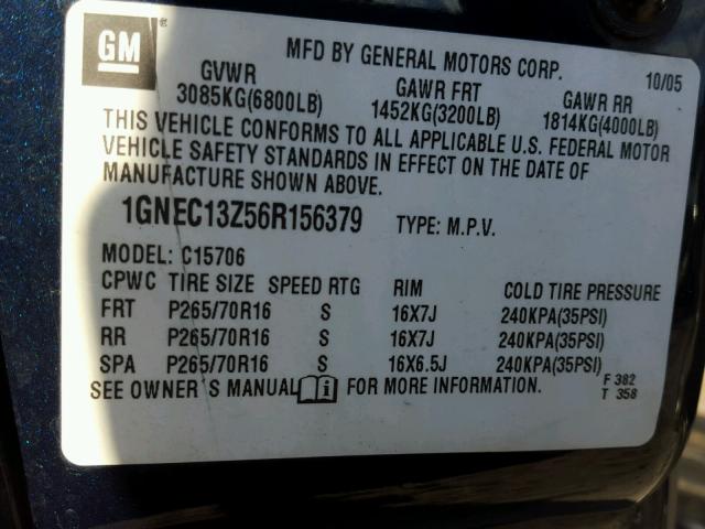 1GNEC13Z56R156379 - 2006 CHEVROLET TAHOE C150 BLUE photo 10