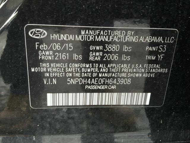 5NPDH4AE0FH643908 - 2015 HYUNDAI ELANTRA SE BLACK photo 10