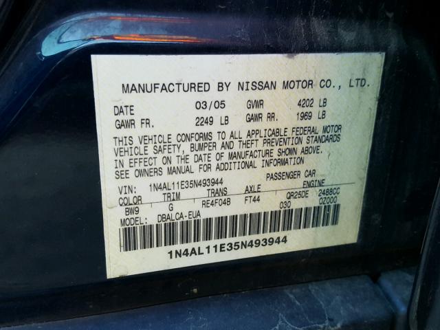 1N4AL11E35N493944 - 2005 NISSAN ALTIMA S BLUE photo 10