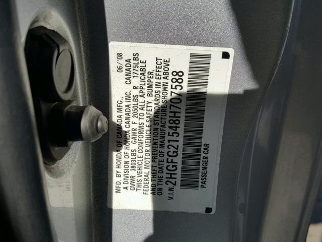 2HGFG21548H707588 - 2008 HONDA CIVIC SI SILVER photo 10