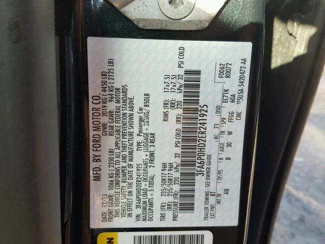 3FA6P0HD2ER241925 - 2014 FORD FUSION SE BLACK photo 10