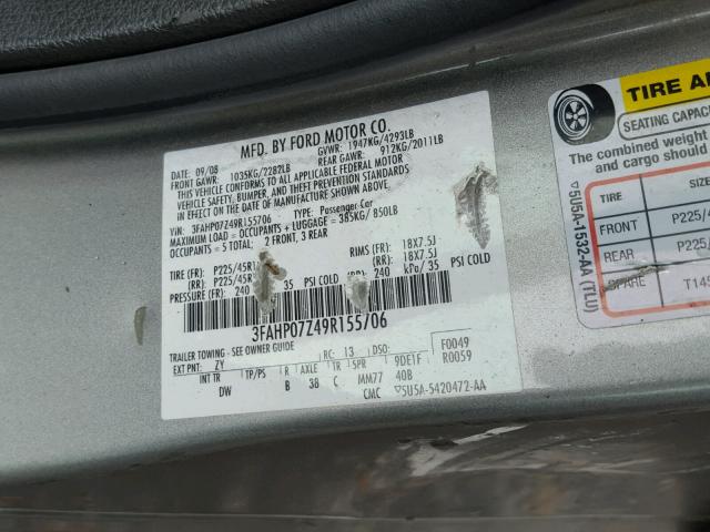 3FAHP07Z49R155706 - 2009 FORD FUSION SILVER photo 10