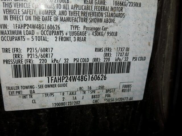 1FAHP24W48G160626 - 2008 FORD TAURUS SEL BLACK photo 10