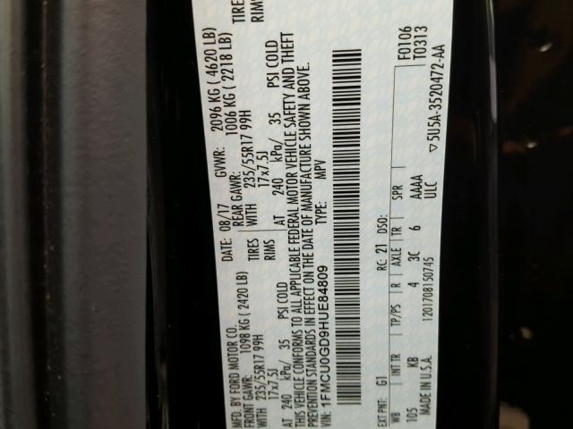 1FMCU0GD9HUE84809 - 2017 FORD ESCAPE SE 黑色 照片 10