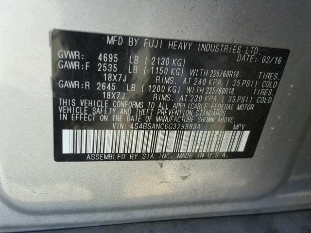 4S4BSANC6G3299834 - 2016 SUBARU OUTBACK 2. SILVER photo 10