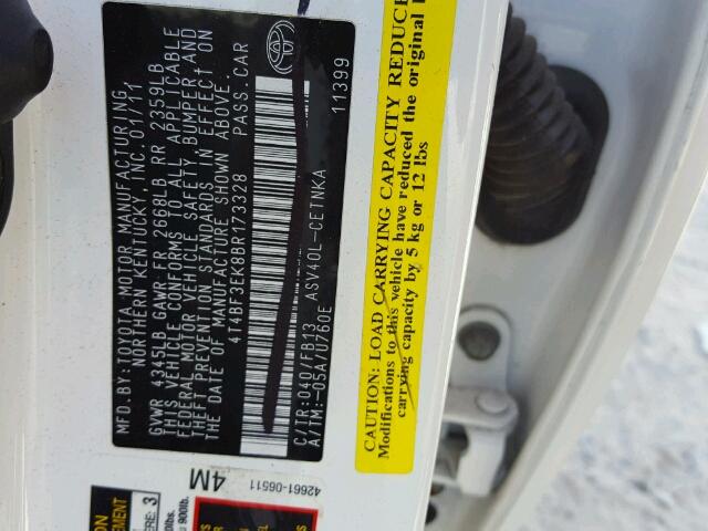 4T4BF3EK8BR173328 - 2011 TOYOTA CAMRY BASE WHITE photo 10